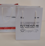 Small white high-gloss paper bags with white cord handles and corporate branding.