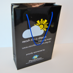 High-gloss black paper bag with blue braided rope handles and full-color corporate branding