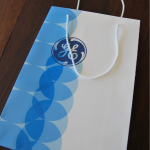 White matte-finish paper bag with blue circular branding and white rope handles