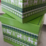 Green rigid gift box featuring a seasonal Nordic-inspired print pattern.