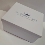 White base and lid box with clean, full-color printed branding for insurance services.