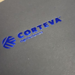 Close-up of blue foil stamping on a matte black paper substrate.