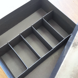 Black rigid box interior featuring five equal-width rectangular compartments.